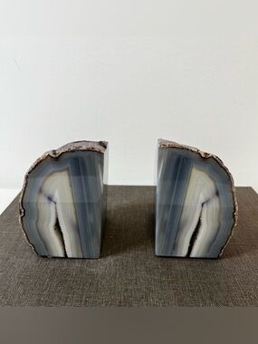 Pair of Agate Geode Bookends Purple Natural Edges Grey White Banding